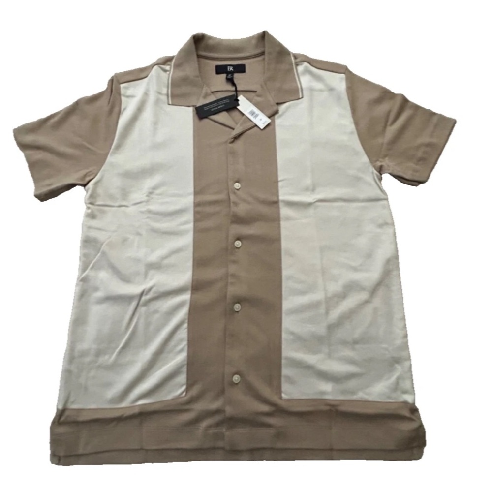 Men Banana Republic retro resort shirt Light Sand White Stripes Size Medium